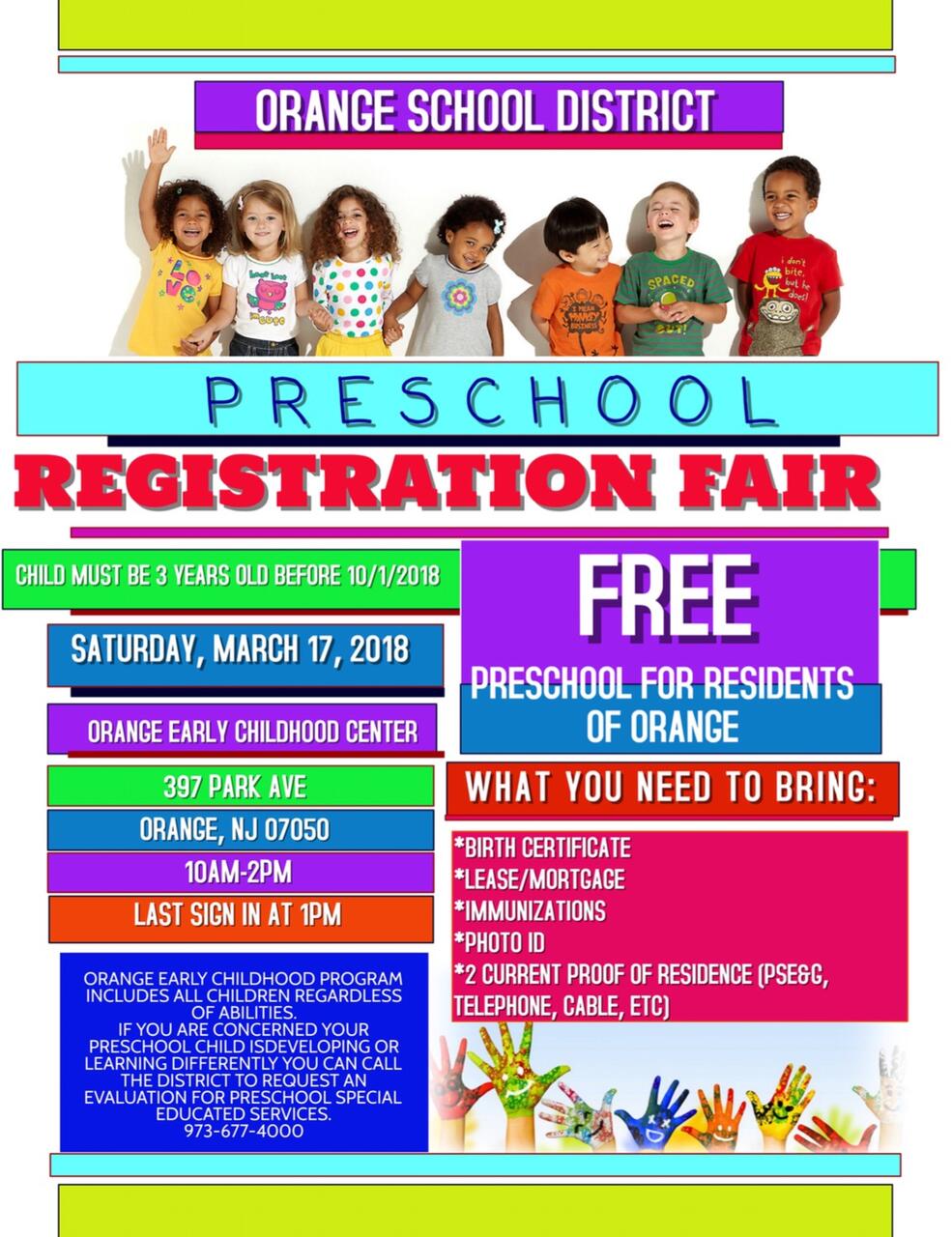 orange board of education announces pre school registration date early registration dates flyer